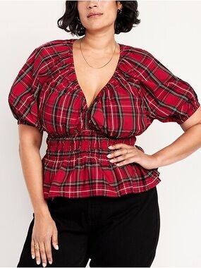 Old Navy Red Plaid Puff Sleeve Smocked Waist Top Size Medium